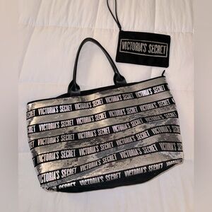 NWOT Victoria’s Secret Extra Large Silver Sequin Striped Tote Bag Weekender Bag